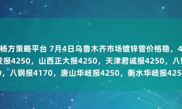 杨方策略平台 7月4日乌鲁木齐市场镀锌管价格稳，4寸*3.75mm陕西友发报4250，山西正大报4250，天津君诚报4250，八钢报4170，唐山华岐报4250，衡水华岐报4250过磅含税。（元/吨）